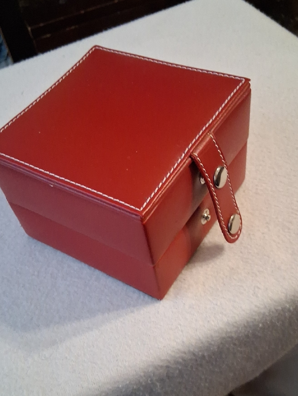 Red Leather Jewelry Box with Silvertone Snap Closure
